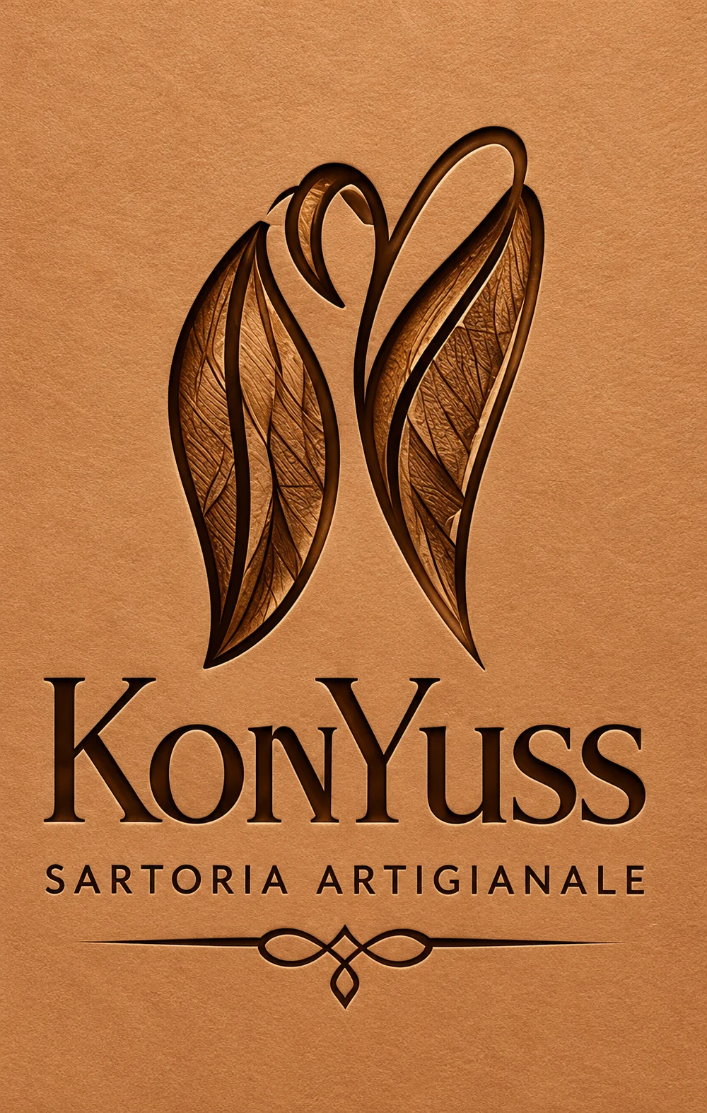 Logo restaurato KonYuss: emblema elegante in rame, con iscrizione Sartoria Artigianale